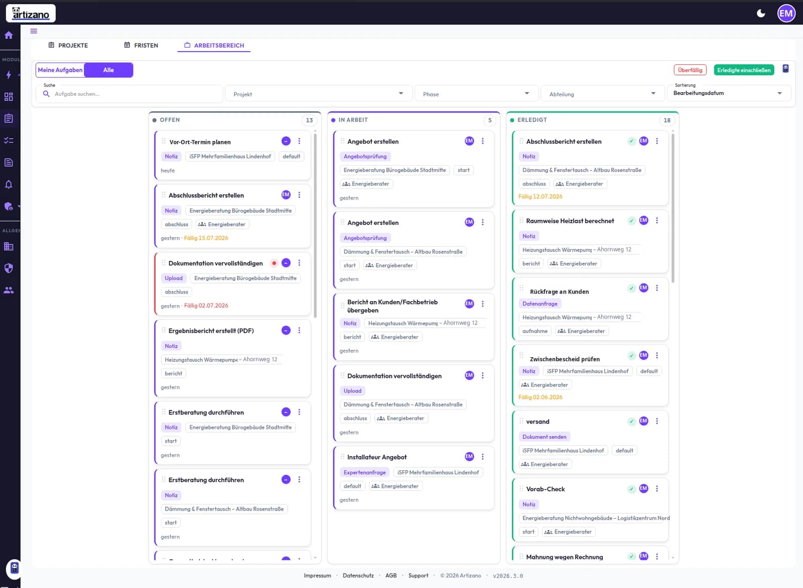 Enerisor: Arbeitsbereich mit Aufgaben auf einer Kanban-Tafel (Demodaten)